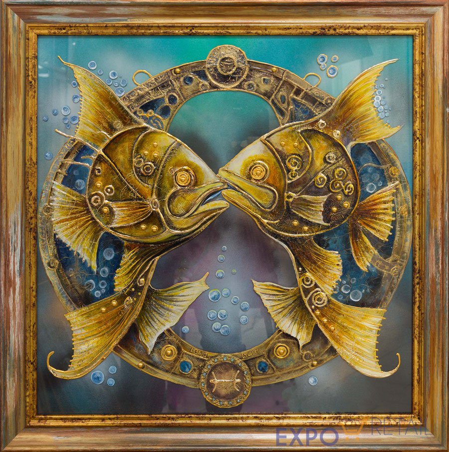 Картина роспись по стеклу - витражная техника Знак зодиака «Рыбы»