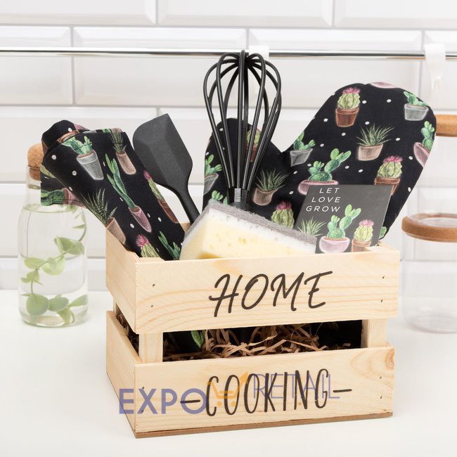 Набор подарочный "Home cooking" полотенце, варежка-прихватка, кухонная лопатка, венчик, губка