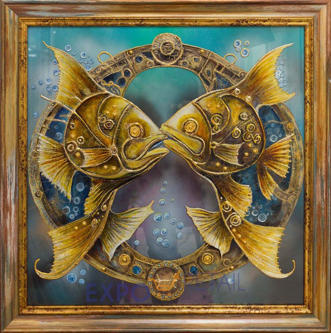 Картина роспись по стеклу - витражная техника Знак зодиака «Рыбы»