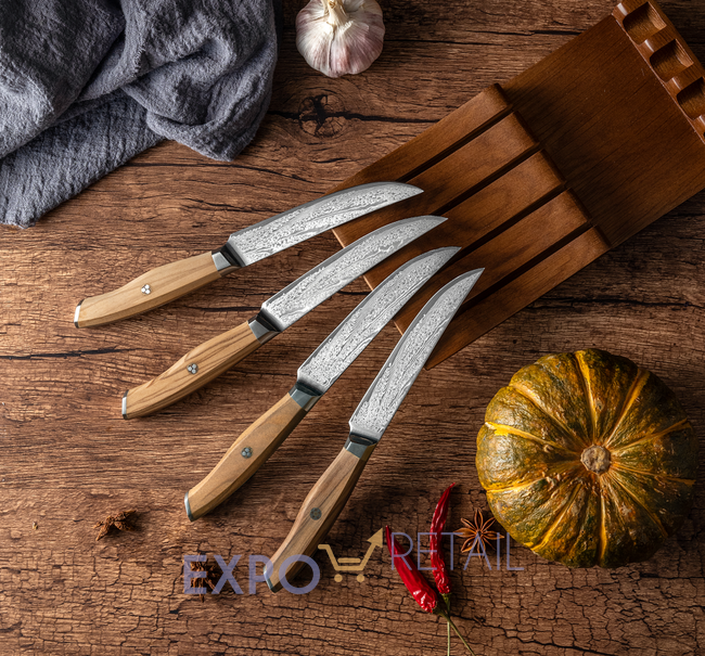 Набор кухонных ножей из дамасской стали с ручкой из оливкового дерева