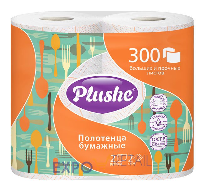 Полотенца Бумажные Plushe 2 слойные 2 рулона, 27м, белое с цветным прокрасом, 9 в упаковке