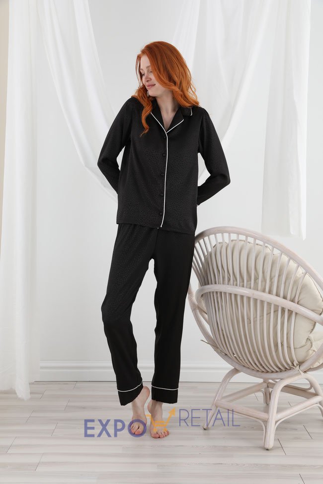 Женский, домашний, сатиновый комплект с длинным рукавом и брюками, цв. черный