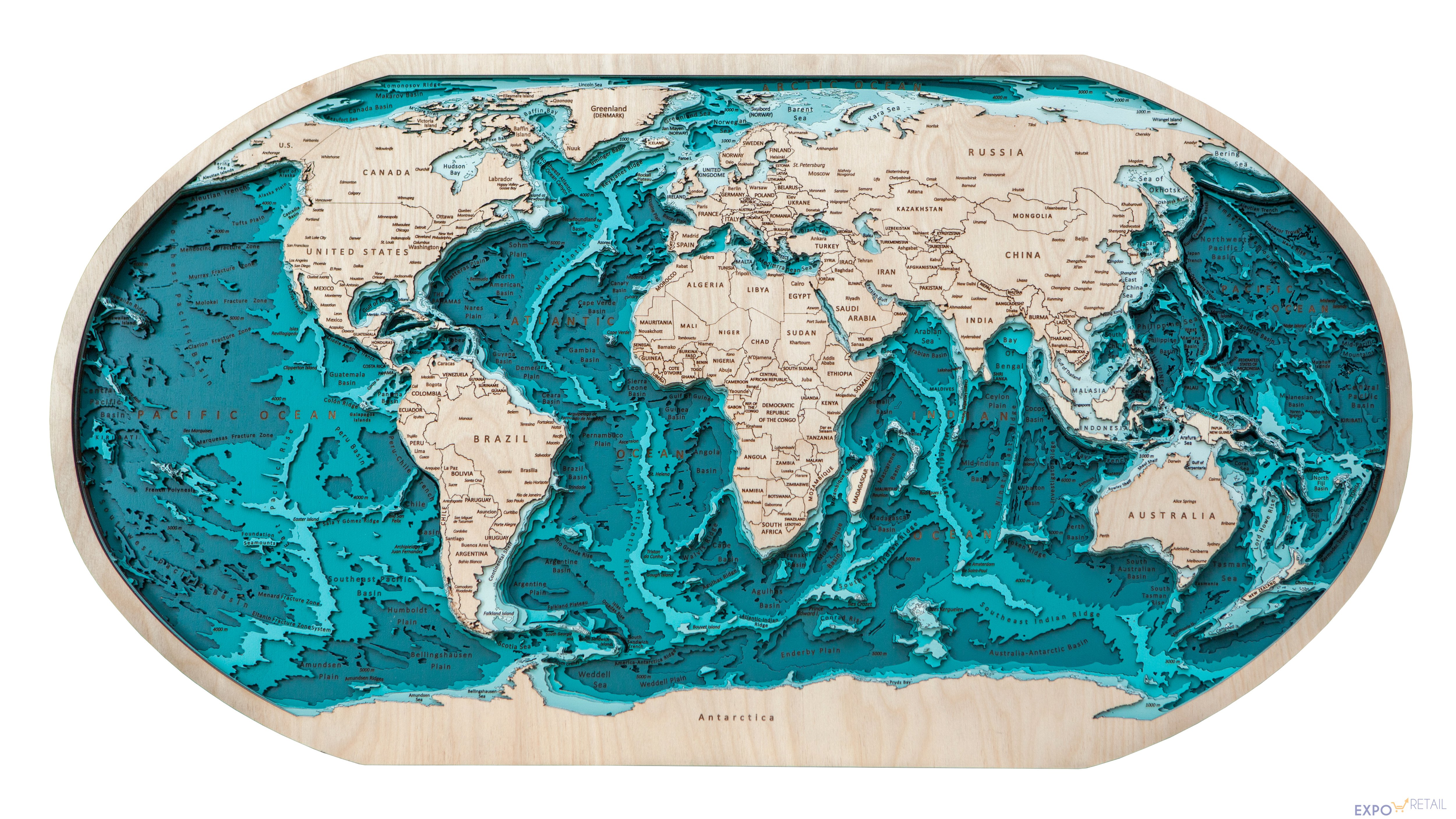 Материки и впадины океанов. Трехмерная карта. Карта деревянная с морями.