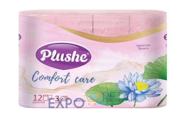 Туалетная бумага Plushe «Comfort care» water lily, розовый, аромат.,12 рул., 3 слоя,12 в уп